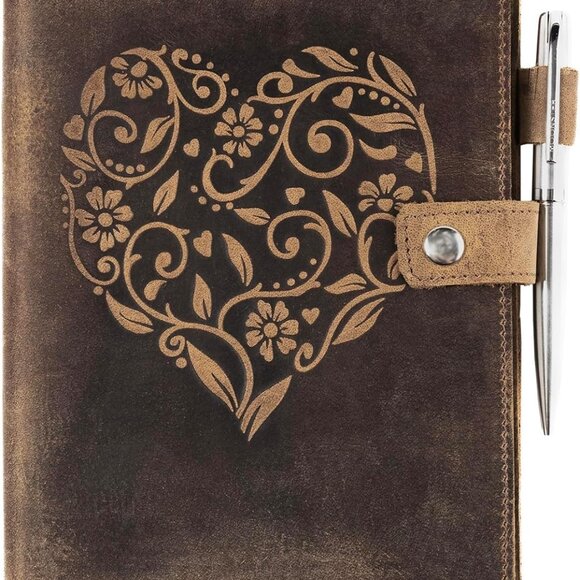 Refillable Leather Journal Embossed Heart Shape Cover Design Journals with Pen - Picture 1 of 6